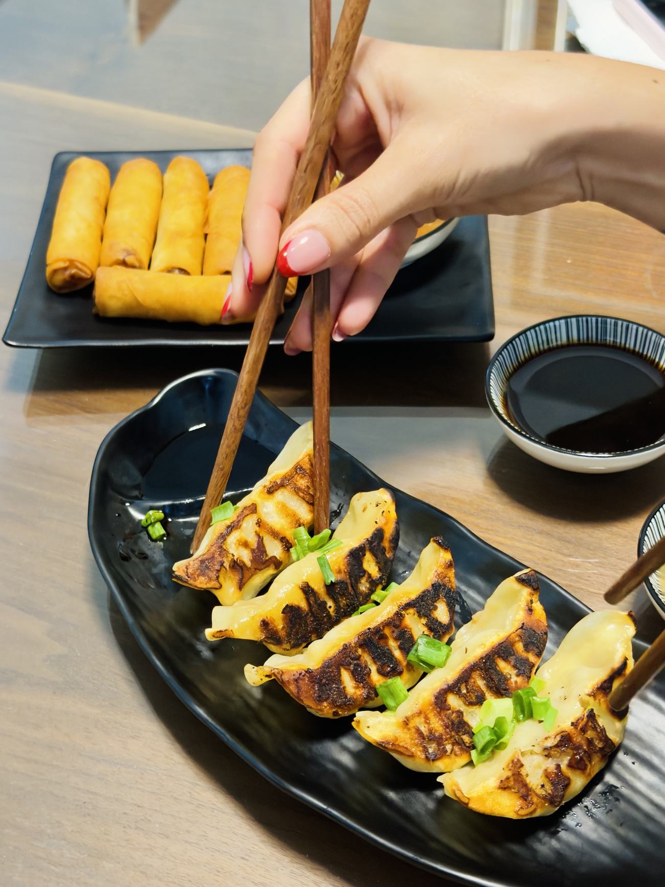 Gyozas y spring rolls servidos en mesa